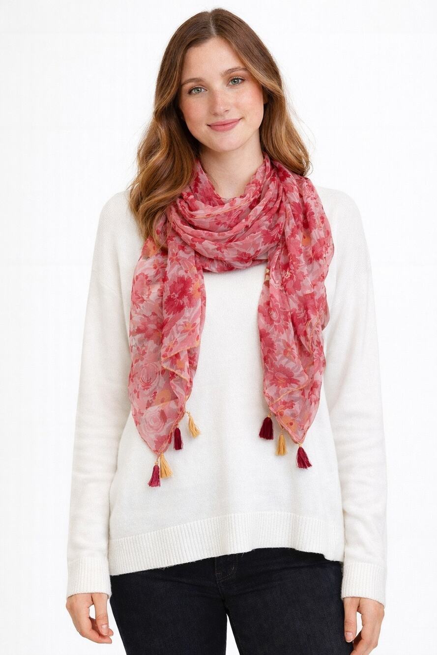Collection 18 Womens Pink Floral Tasseled Rectangle Scarf 12x96 NWT